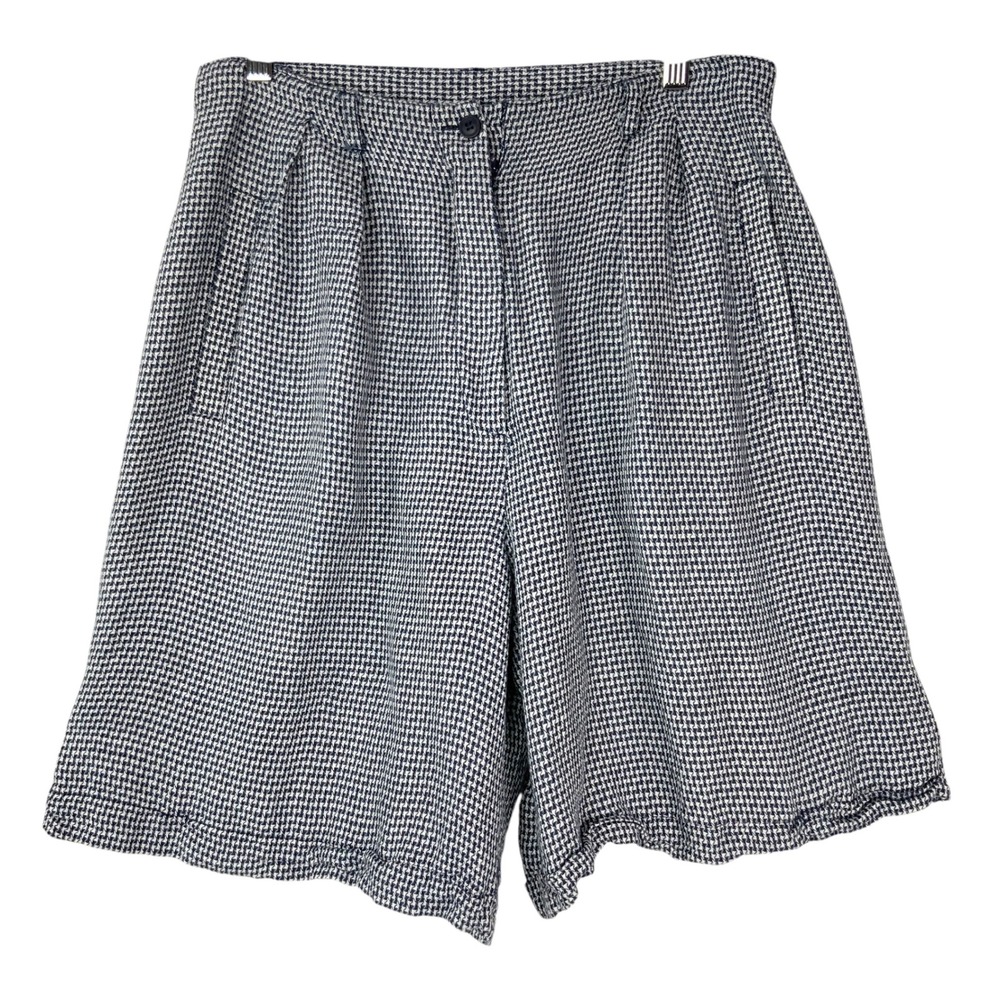 SK & Company Navy Houndstooth Linen Shorts 12 Button Zip High Rise Pleated Front